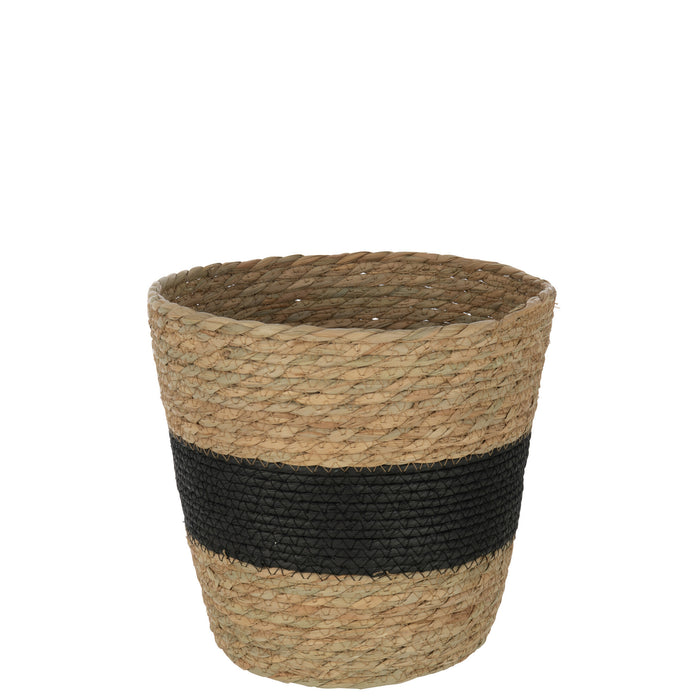 J-Line mand Rond Met Streep + Handvat - riet - naturel|zwart