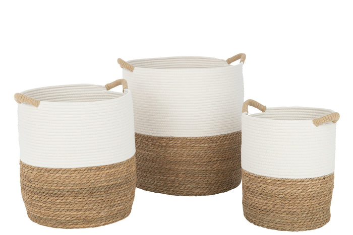 J-Line mand Rond Handvatten - textiel - wit|naturel - 3 stuks