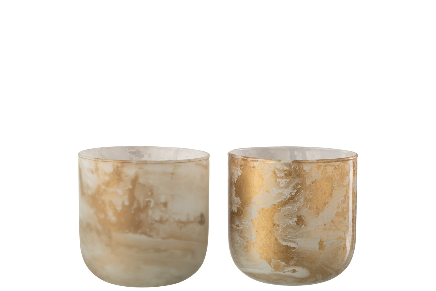 J-Line Windlicht Marmer Glas Goud|Wit Small Assortiment Van 2