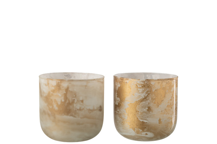 J-Line Windlicht Marmer Glas Goud|Wit Small Assortiment Van 2