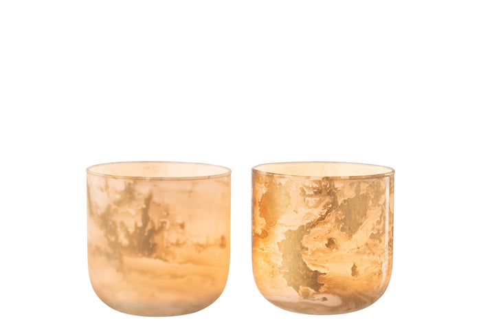 J-Line Windlicht Marmer Glas Goud|Wit Small Assortiment Van 2