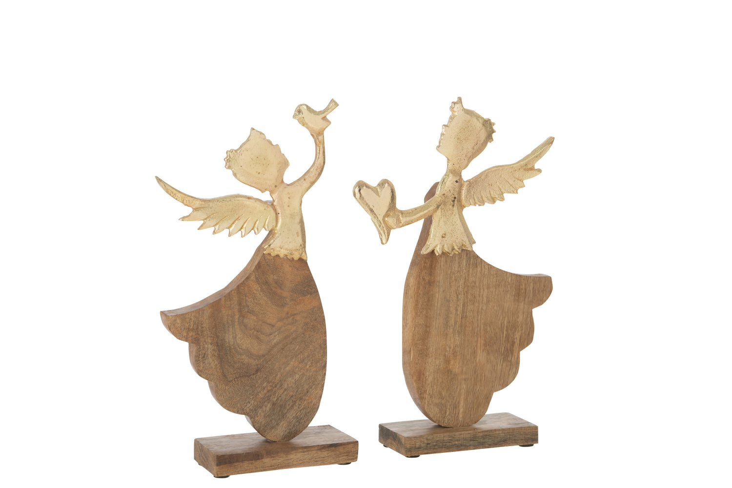 J-Line decoratie Engel Hart|Vogel Op Voet - hout|aluminium - goud - 2 stuks