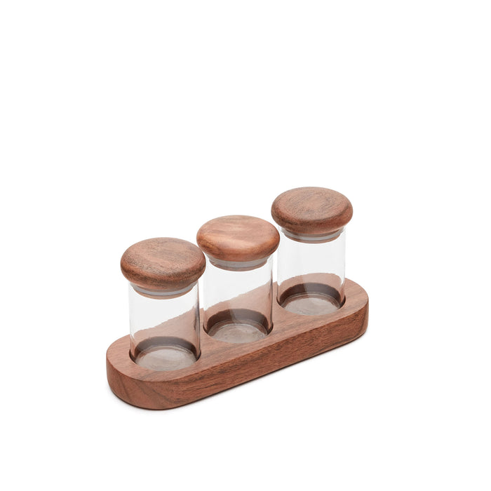 Kave Home - Emelin set van 3 kruidenpotjes van glas en acaciahout