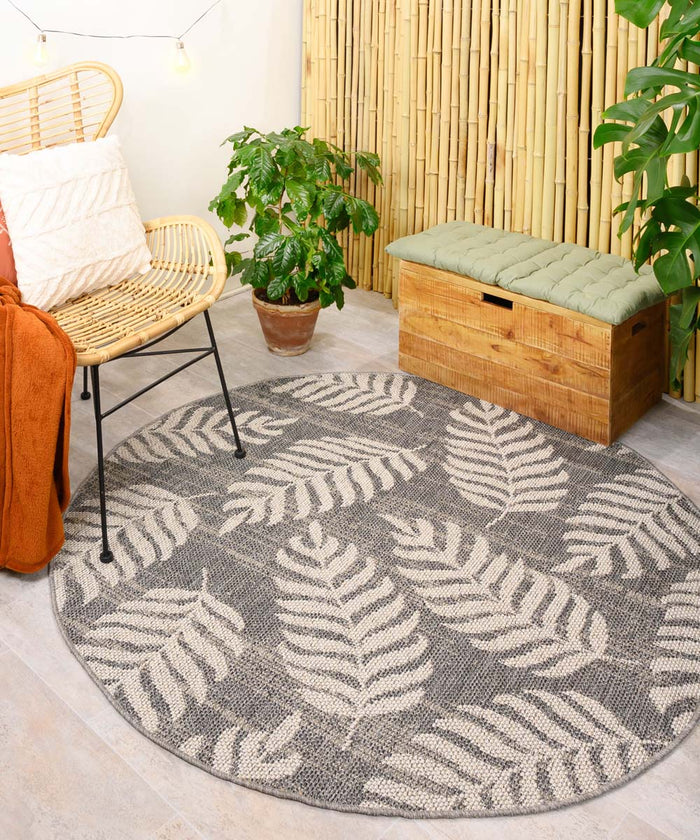 Boho&me Rond buitenkleed palmbladeren Sunny - donkergrijs - 100 cm