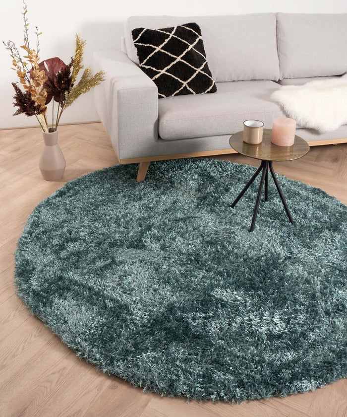 Tapeso Rond hoogpolig vloerkleed velours Posh - turquoise - 80 cm
