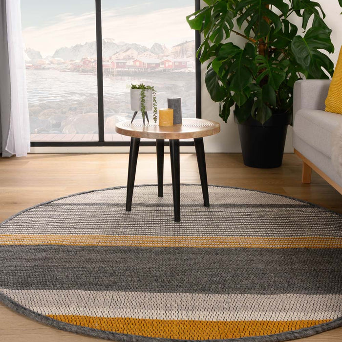 Nordic Weavers Rond wollen vloerkleed strepen Lett - okergeel|grijs -