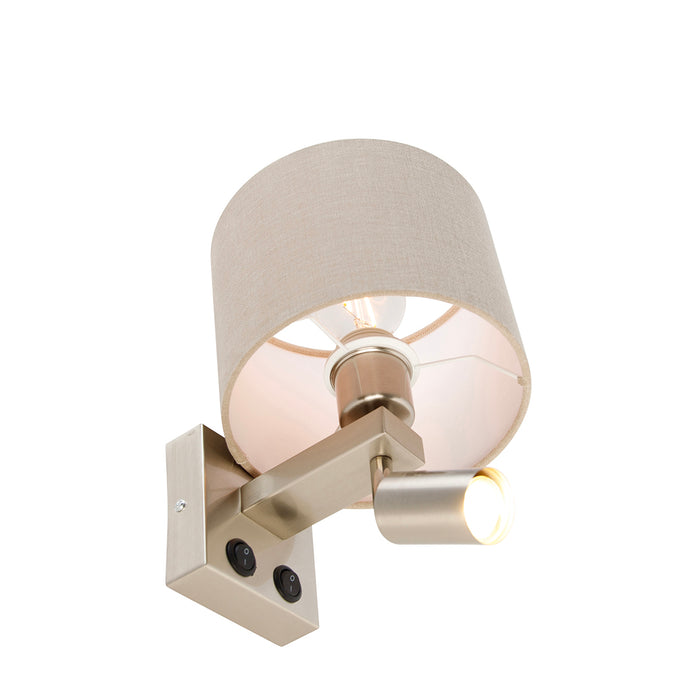 QAZQA Wandlamp staal met leeslamp en kap 18 cm lichtbruin - Brescia