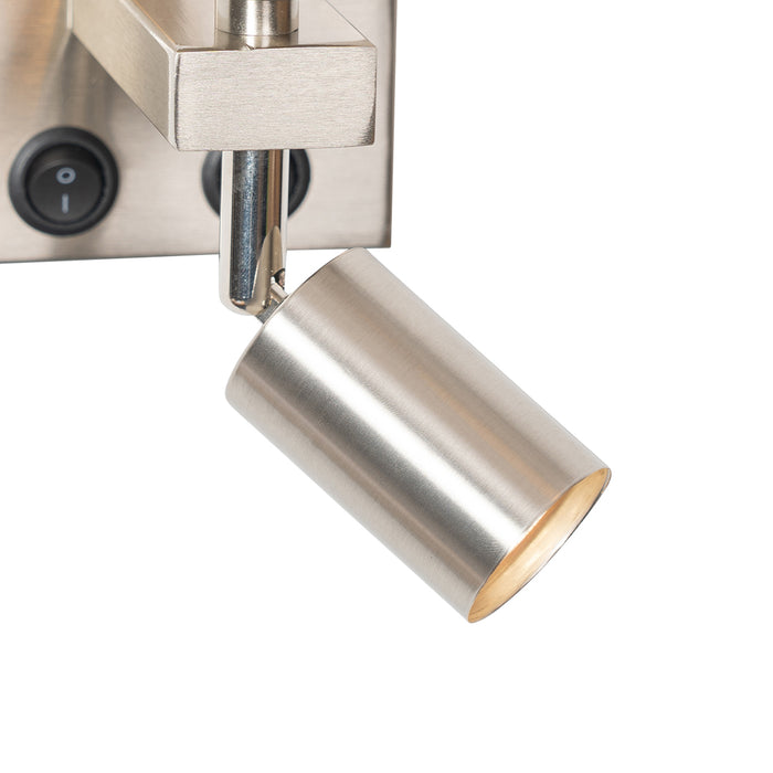 QAZQA Wandlamp staal met leeslamp en kap 18 cm lichtbruin - Brescia