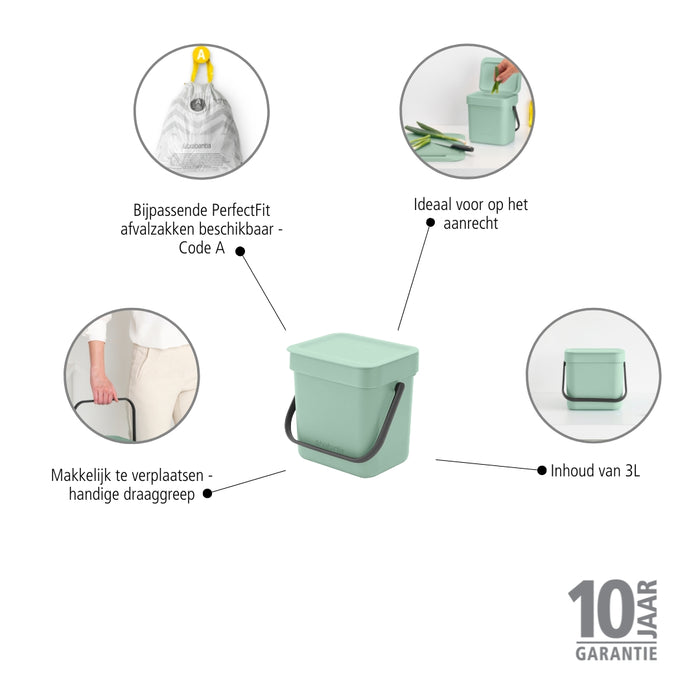Brabantia Sort & Go Afvalemmer 3 L - Mintgroen