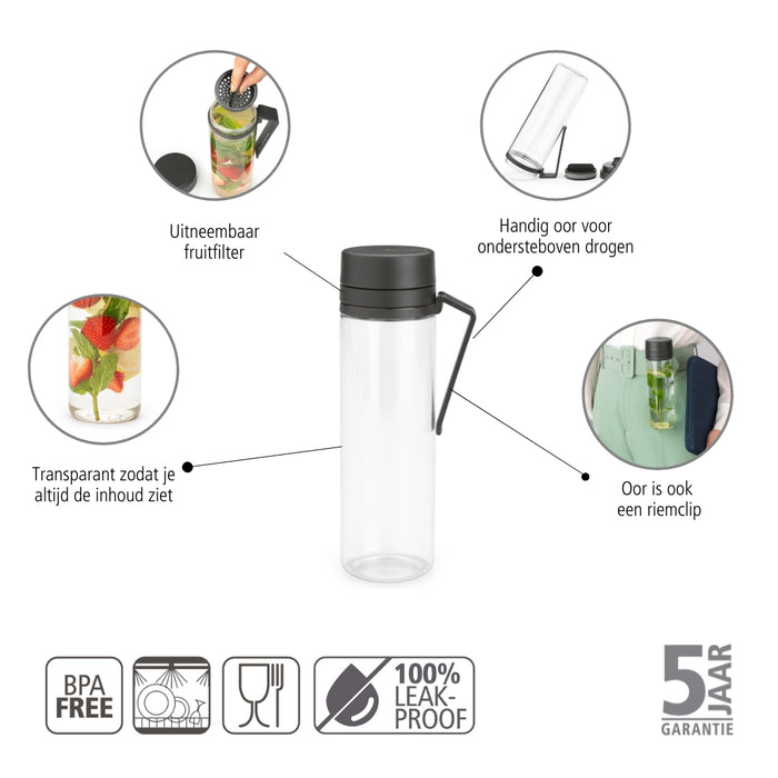 Brabantia Make & Take Waterfles met Fruitfilter 0,5 L - Dark Grey