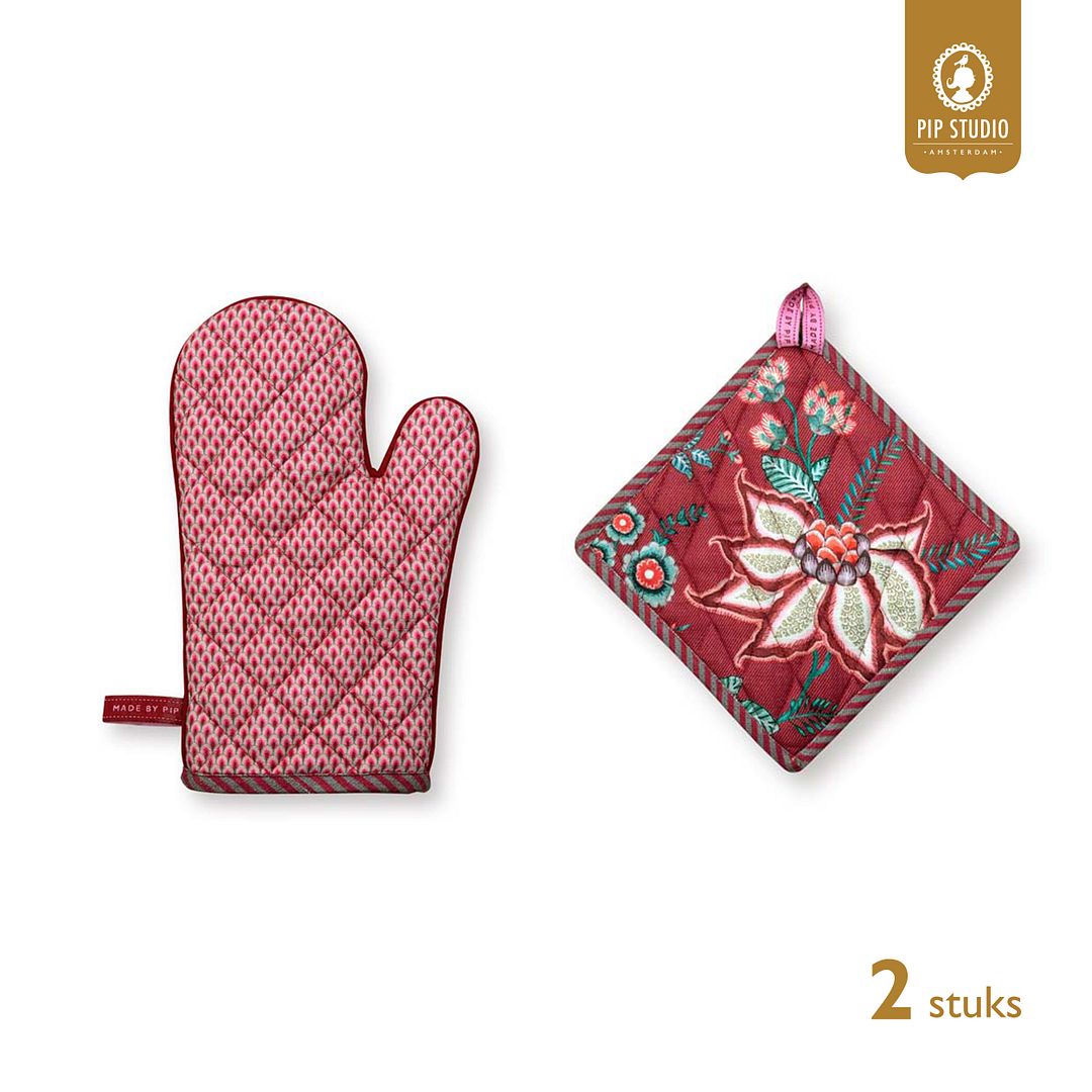 Pip Studio Flower Festival Pannenlappen en Ovenwanten - Roze - 2 Stuks