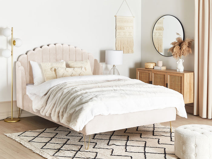 Beliani-AMBILLOU-Tweepersoonsbed-Lichtbeige-140 x 200 cm-Fluweel