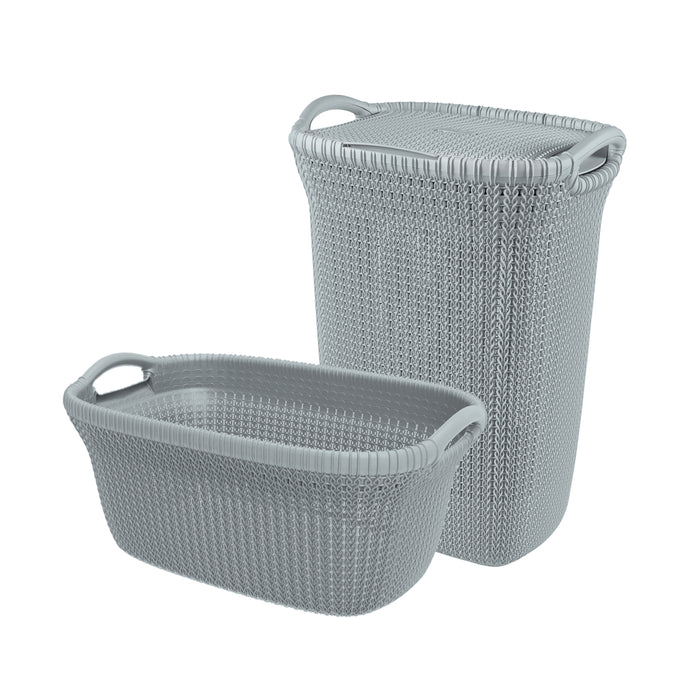 Curver Knit Wasmand met deksel 57L + Wasmand 40L - Blauw|Grijs