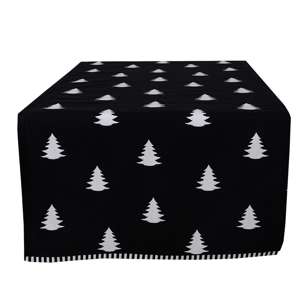 Clayre & Eef Tafelloper Kerst 50x140 cm Zwart Wit Katoen Kerstbomen