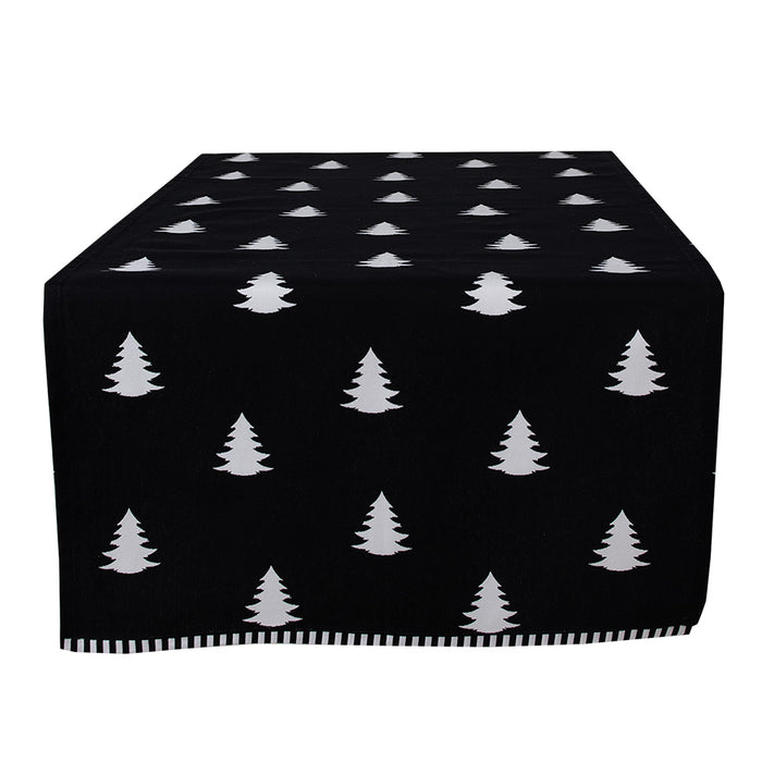 Clayre & Eef Tafelloper Kerst 50x140 cm Zwart Wit Katoen Kerstbomen