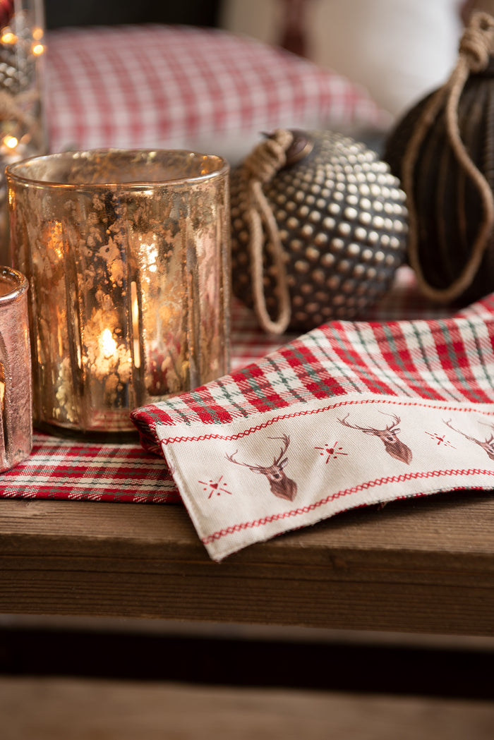 Clayre & Eef Tafelloper 50x140 cm Rood Beige Katoen Ruit Hert