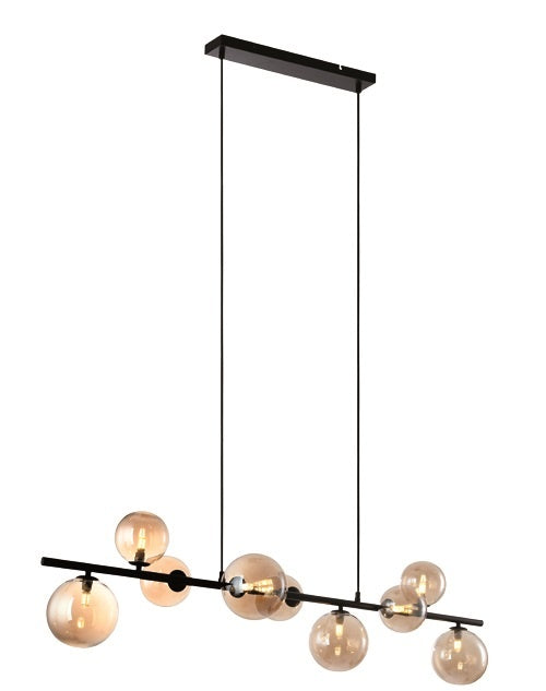Freelight Hanglamp Calcio Zwart - Amber Glas 9Lichts 125cm