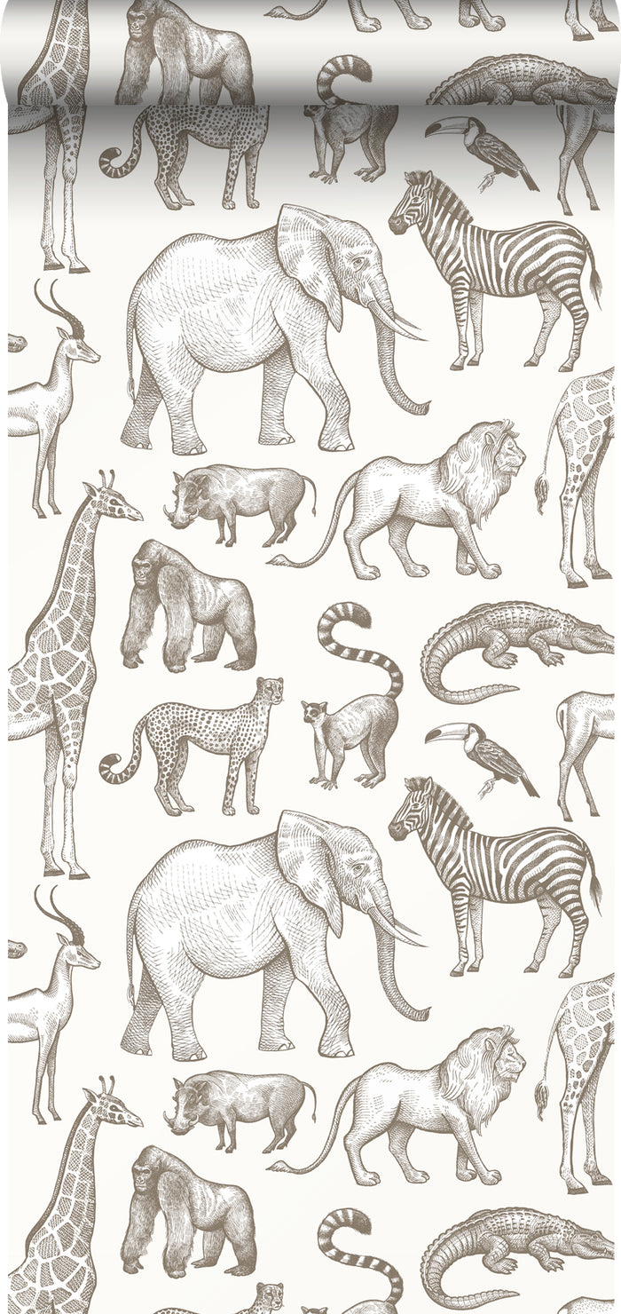 ESTAhome behang jungle dieren gebroken wit - 53 cm x 10,05 m - 139510