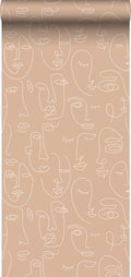 ESTAhome behang line art gezichten perzik roze en wit - 0,53 x 10,05 m