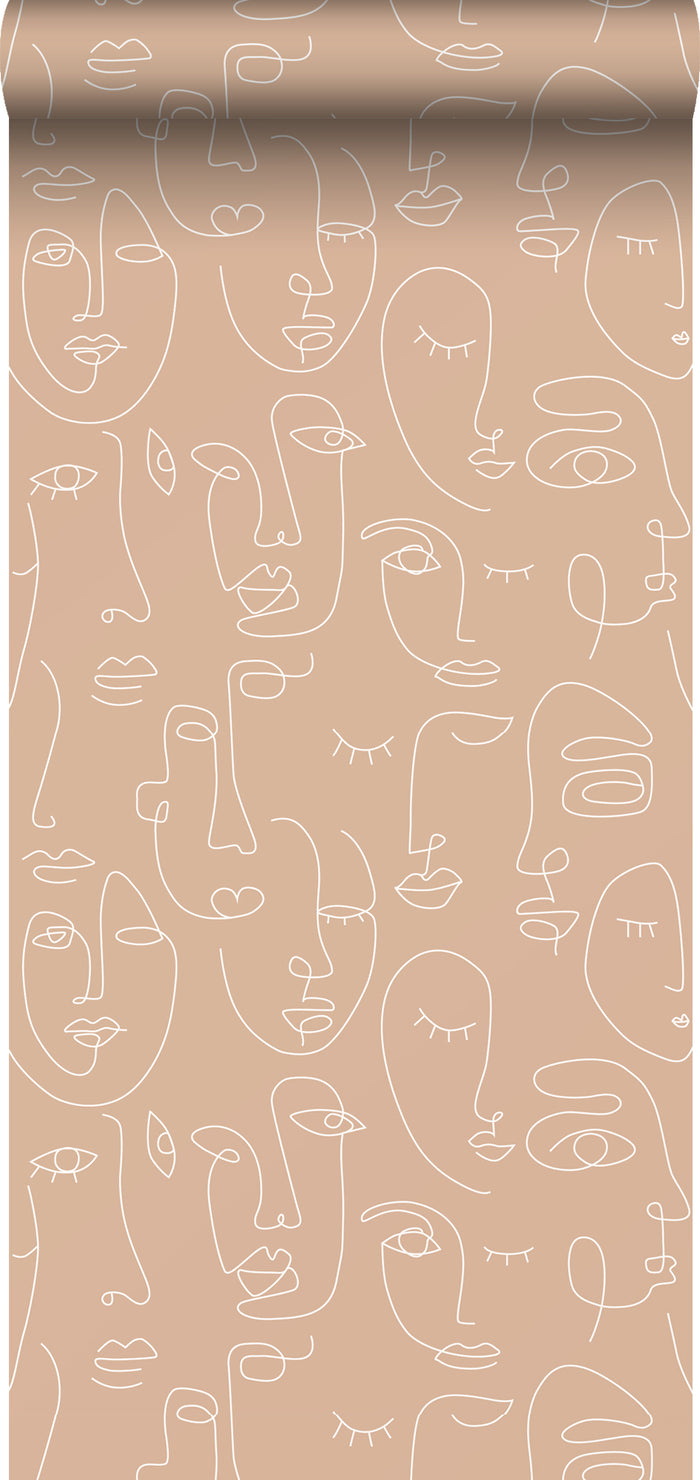 ESTAhome behang line art gezichten perzik roze en wit - 0,53 x 10,05 m