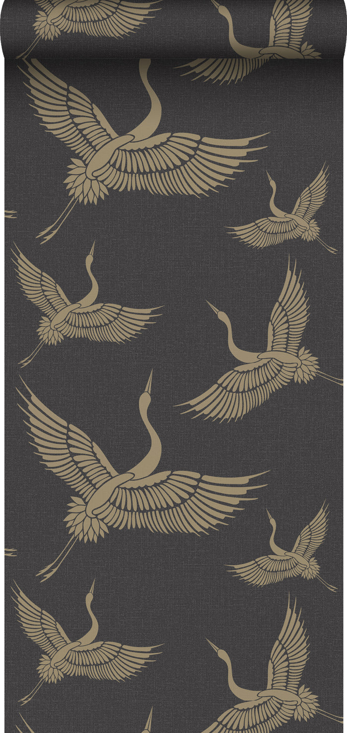 Origin Wallcoverings behang kraanvogels zwart en beige - 50 x 900 cm -