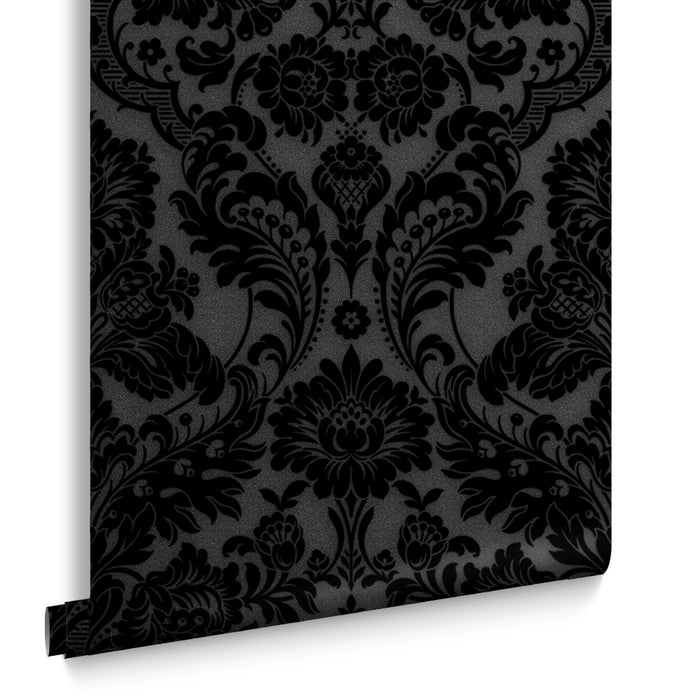 Graham & Brown Vliesbehang - Gothic Damask Flock Noir - 10mx52cm