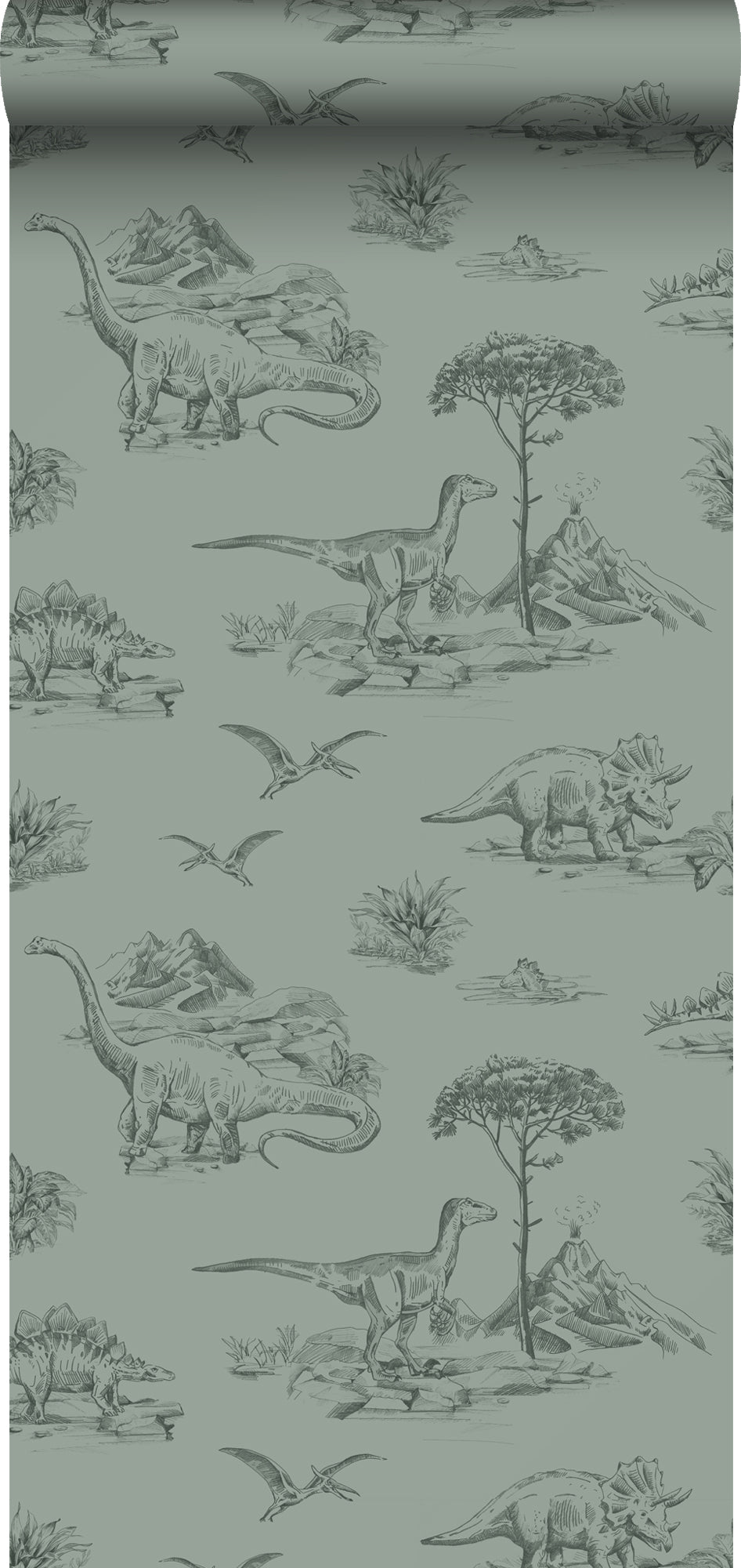ESTAhome behang dinosaurussen vergrijsd groen - 0,53 x 10,05 m - 13935