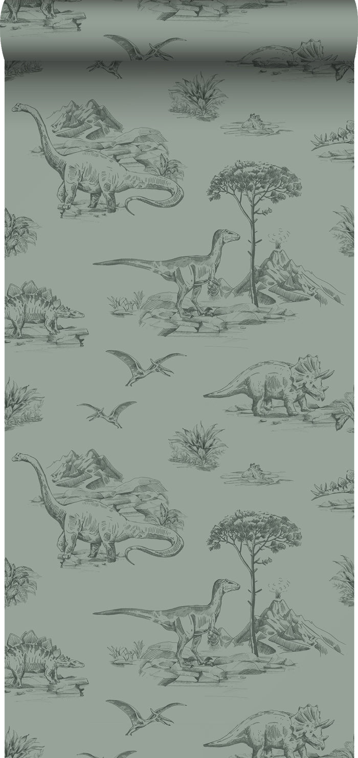 ESTAhome behang dinosaurussen vergrijsd groen - 0,53 x 10,05 m - 13935