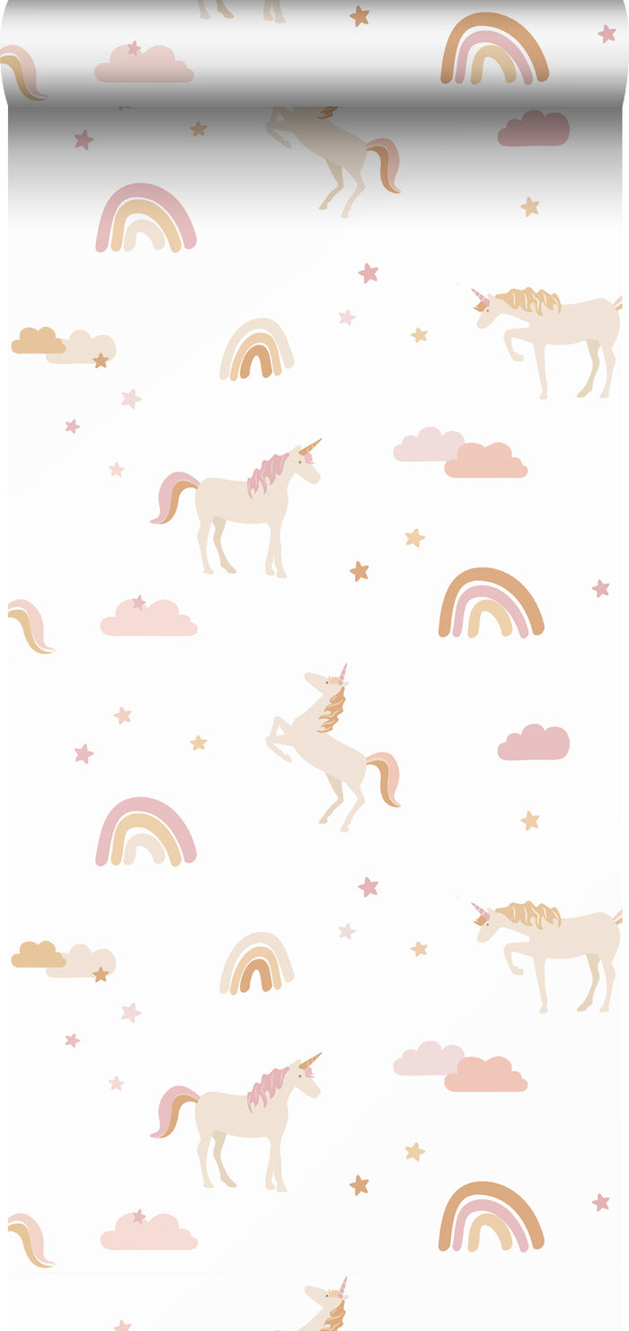 ESTAhome behang unicorns wit, zacht roze en okergeel - 53 cm x 10,05 m