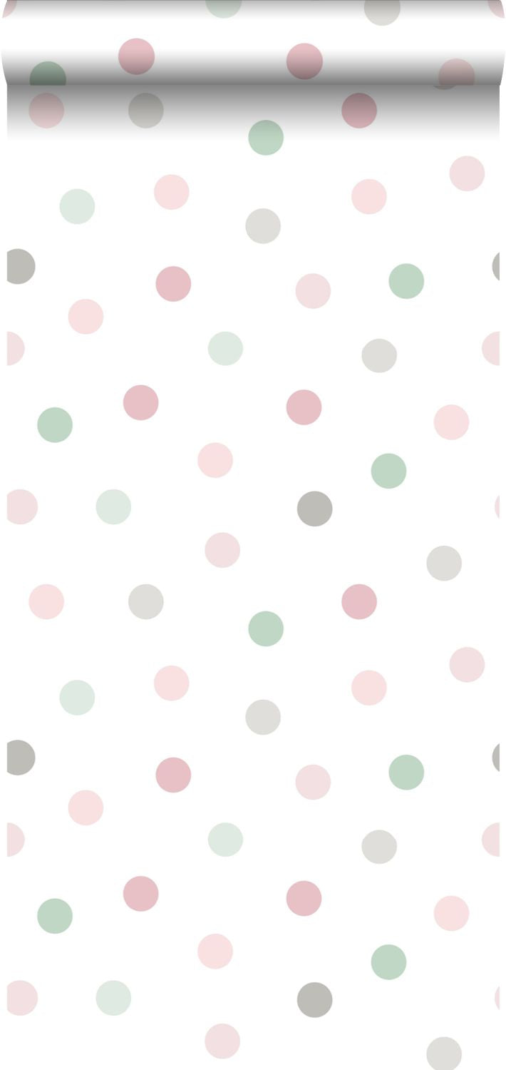 ESTAhome behang stippen roze, groen en grijs - 0,53 x 10,05 m - 139040