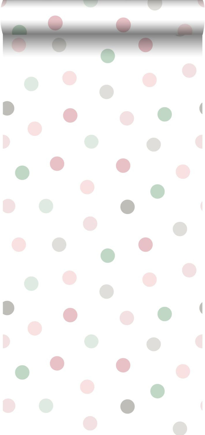 ESTAhome behang stippen roze, groen en grijs - 0,53 x 10,05 m - 139040