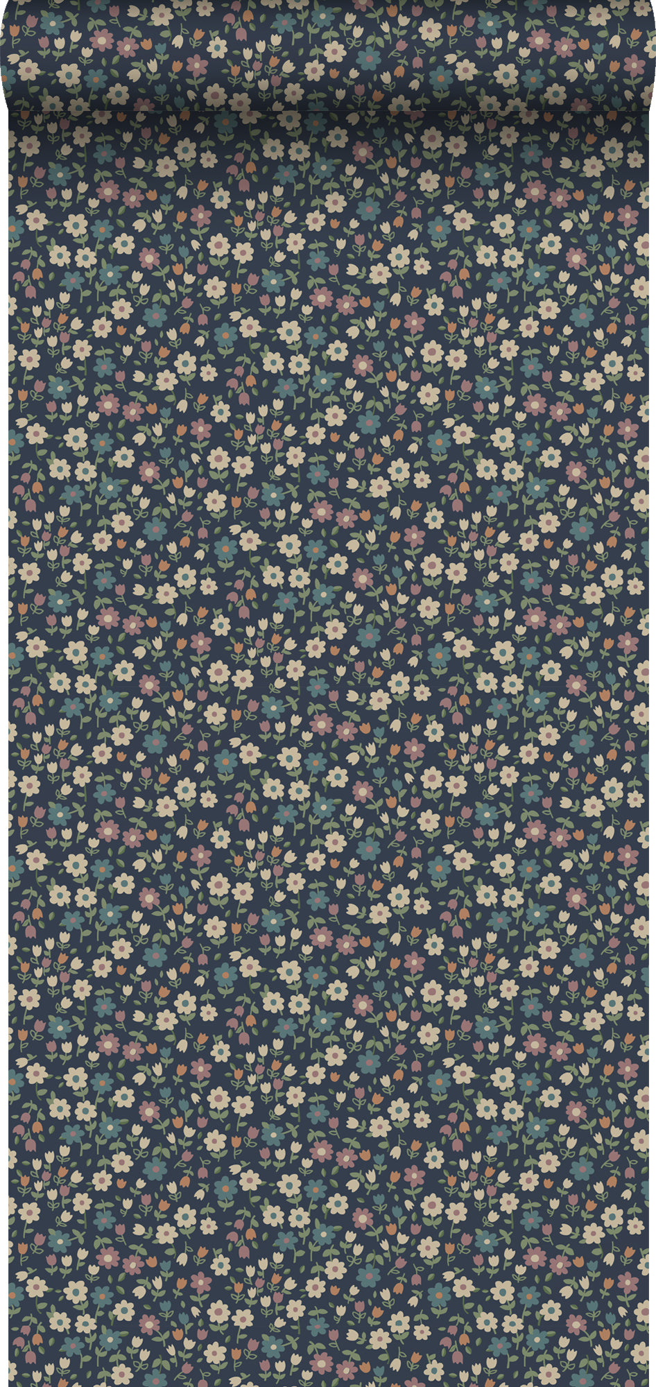 ESTAhome behang bloemetjes donkerblauw, lila roze en vergrijsd groen -