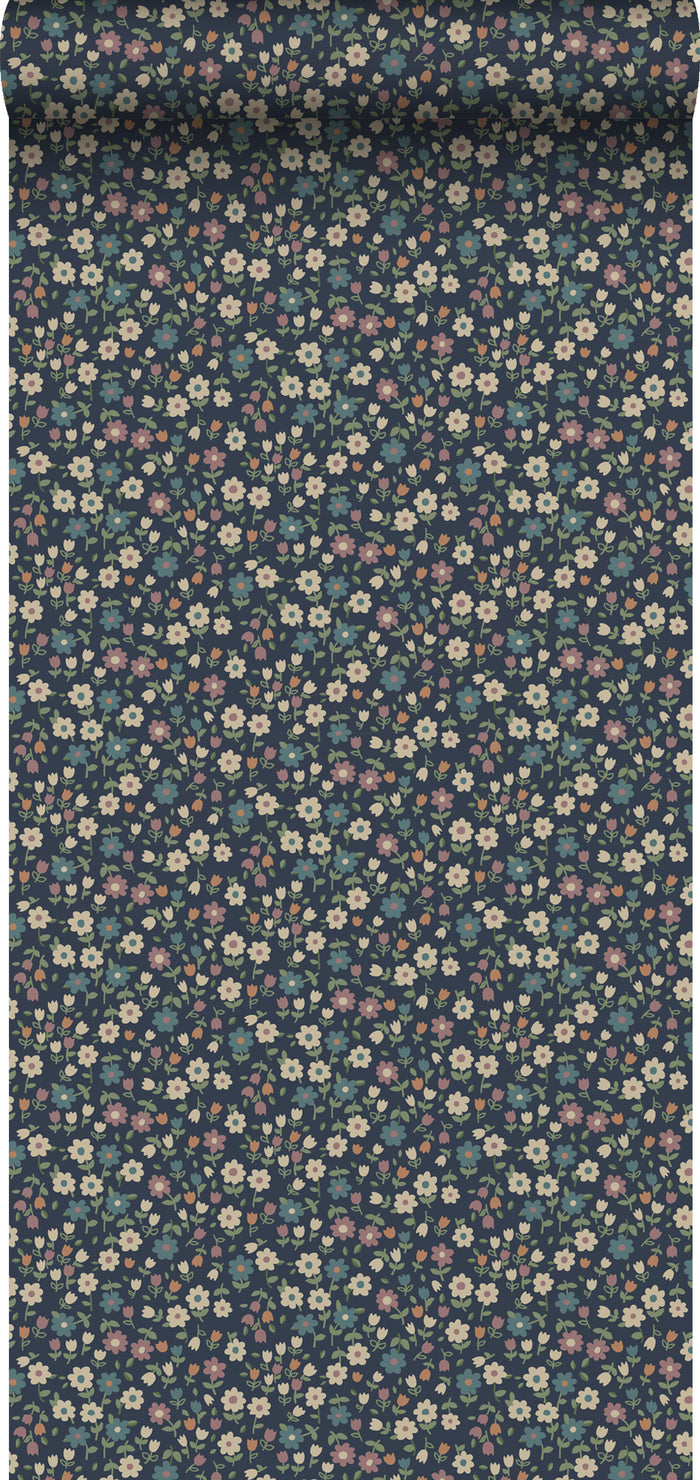 ESTAhome behang bloemetjes donkerblauw, lila roze en vergrijsd groen -