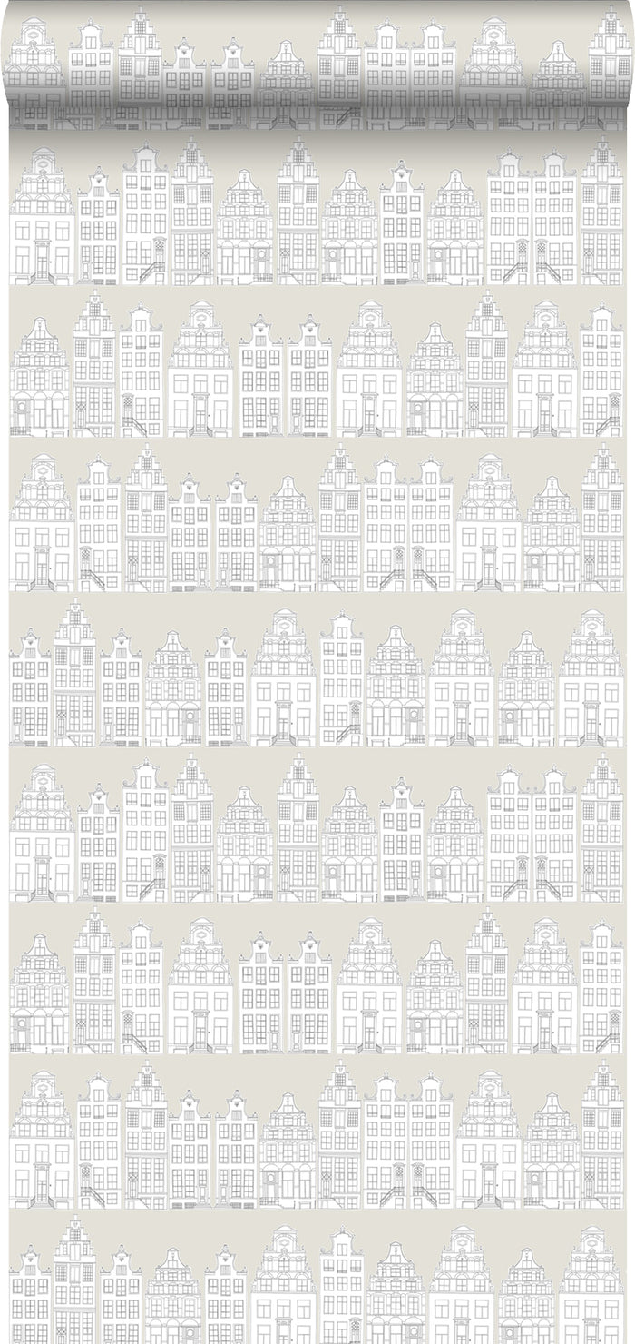 ESTAhome behang getekende Amsterdamse grachtenhuisjes lichtgrijs - 53