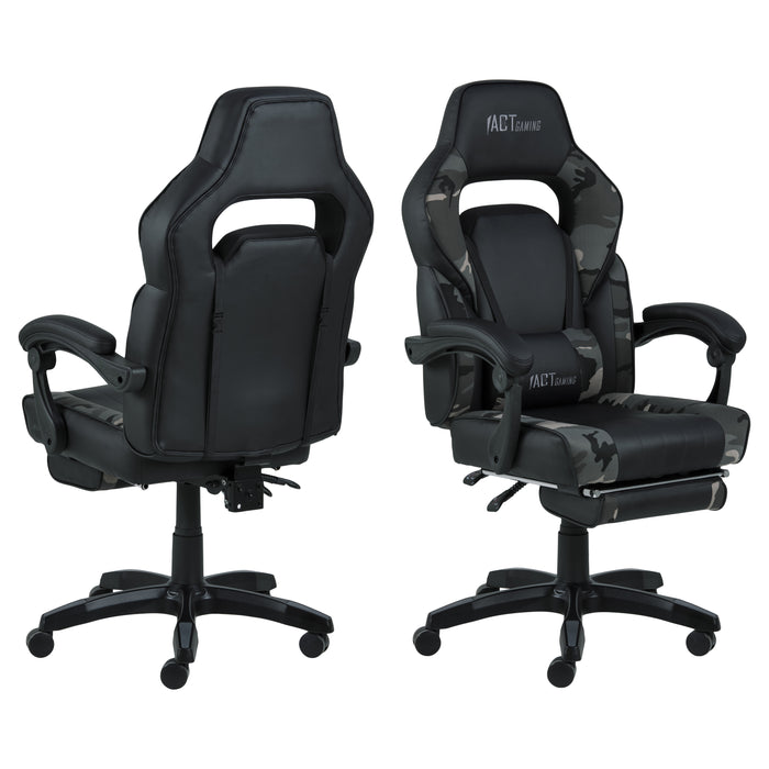 Hioshop Canie gamestoel met voetsteun, camouflagegrijs en zwart.