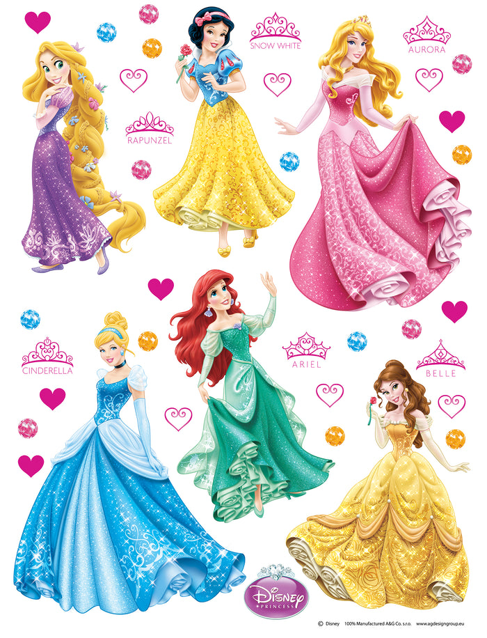 Disney muursticker prinsessen blauw, geel, roze en paars - 65 x 85 cm