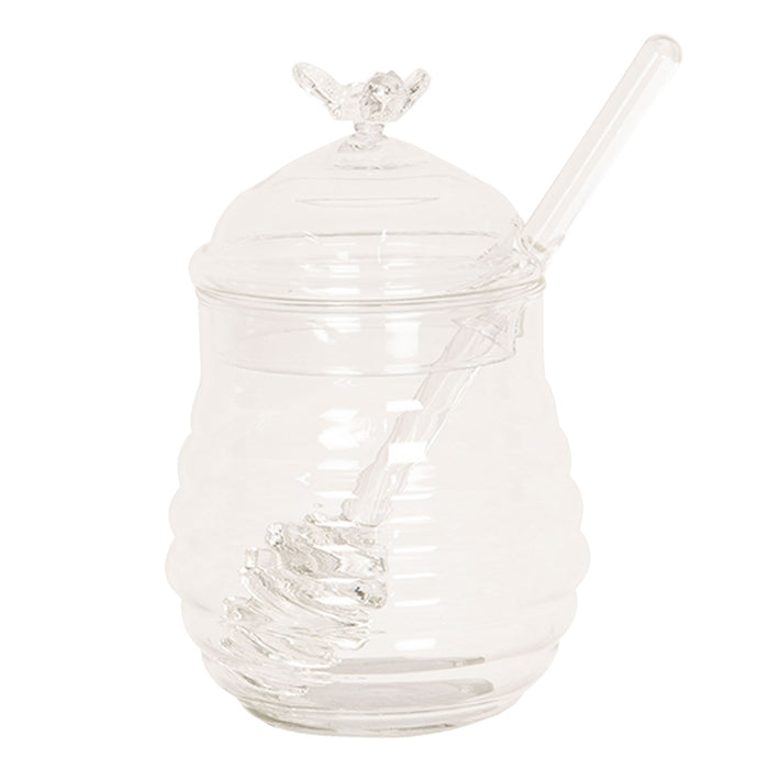 Clayre & Eef Honingpot met Lepel  Ø 8x12 cm Glas Rond Voorraadpot