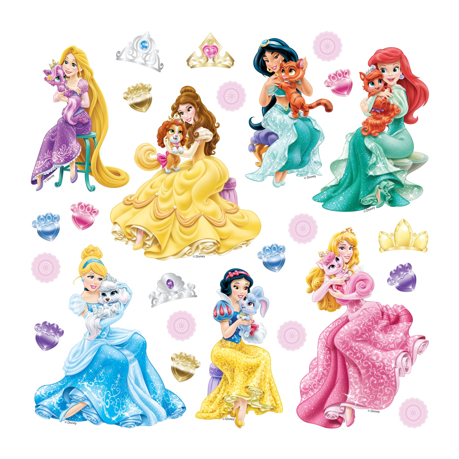 Disney muursticker prinsessen groen, roze en geel - 30 x 30 cm - 60023