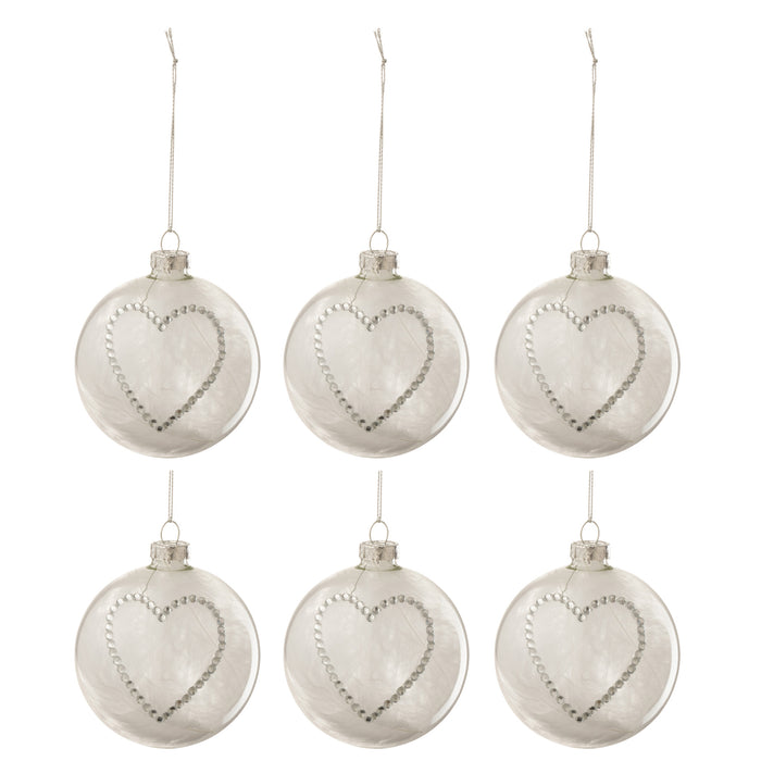 J-Line Kerstballen Hart Strass Zilver Small Set van 6
