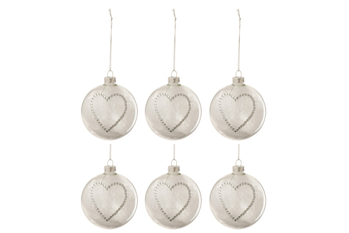 J-Line Kerstballen Hart Strass Zilver Small Set van 6