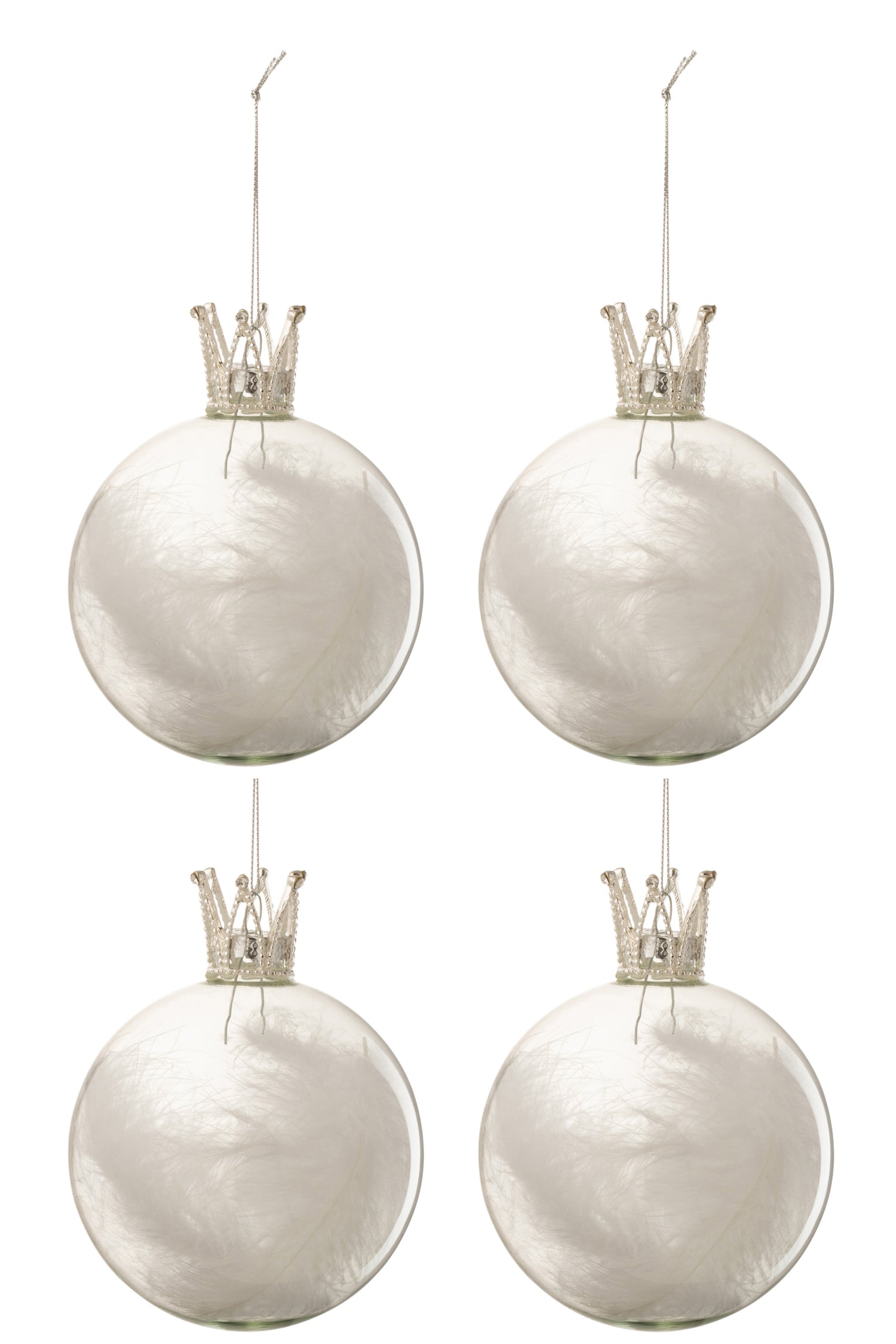 J-Line Kerstballen Kroon Pluim Wit Large Set van 4