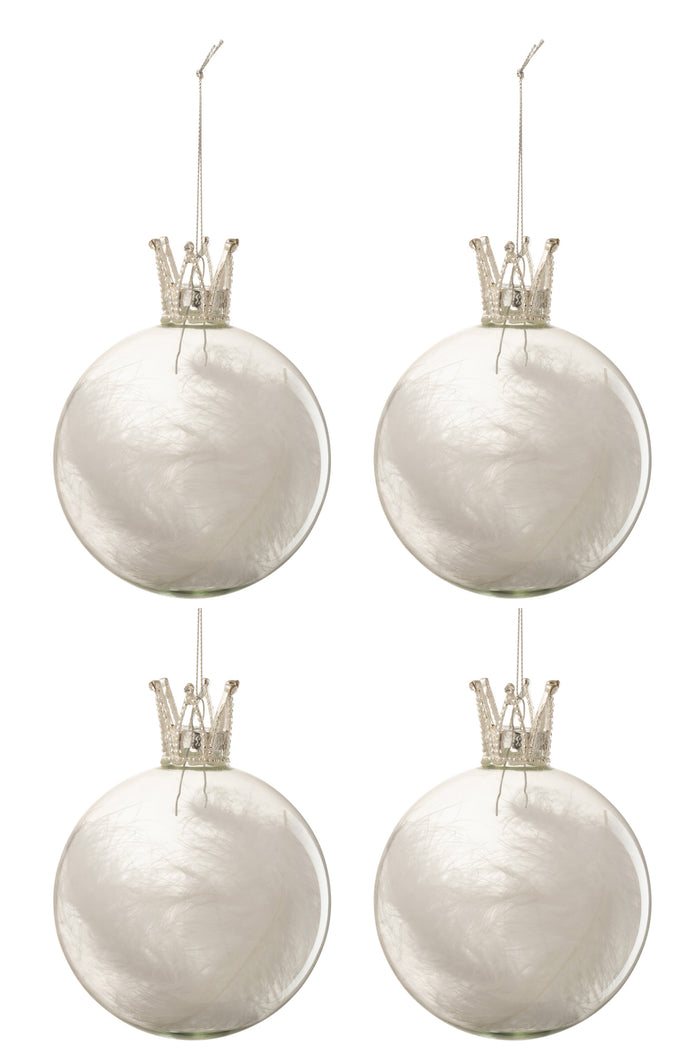 J-Line Kerstballen Kroon Pluim Wit Large Set van 4