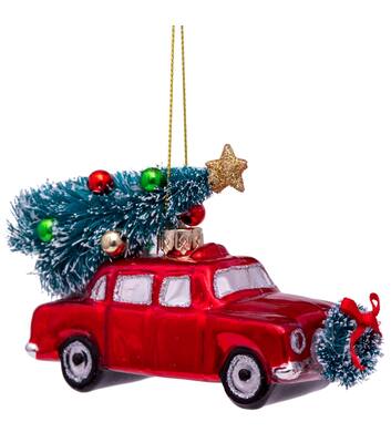 Vondels Ornament glass red car w|christmas tree H5.5cm