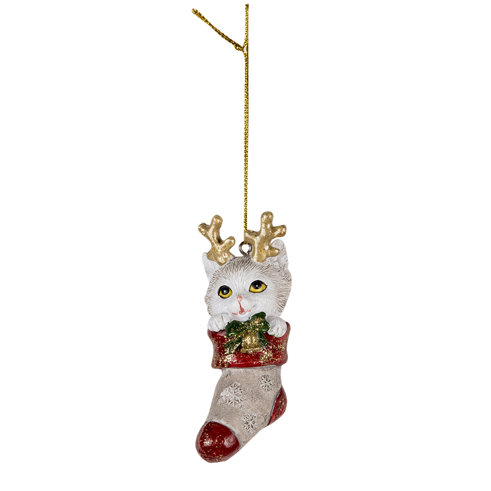 Clayre & Eef Kersthanger Kat 4x3x9 cm Wit Rood Kunststof Kerstbal