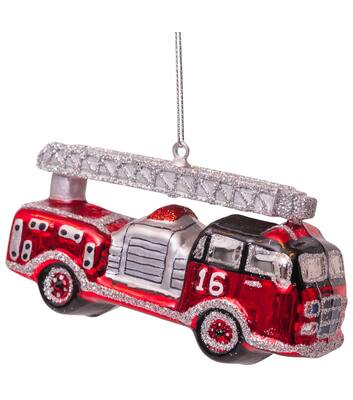 Vondels Glazen kerst decoratie rode brandweer auto H6cm