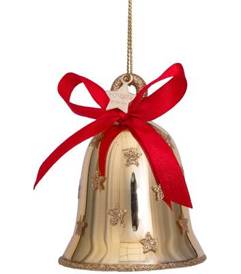 Vondels Ornament glass shiny gold bell w|red bow H8cm#