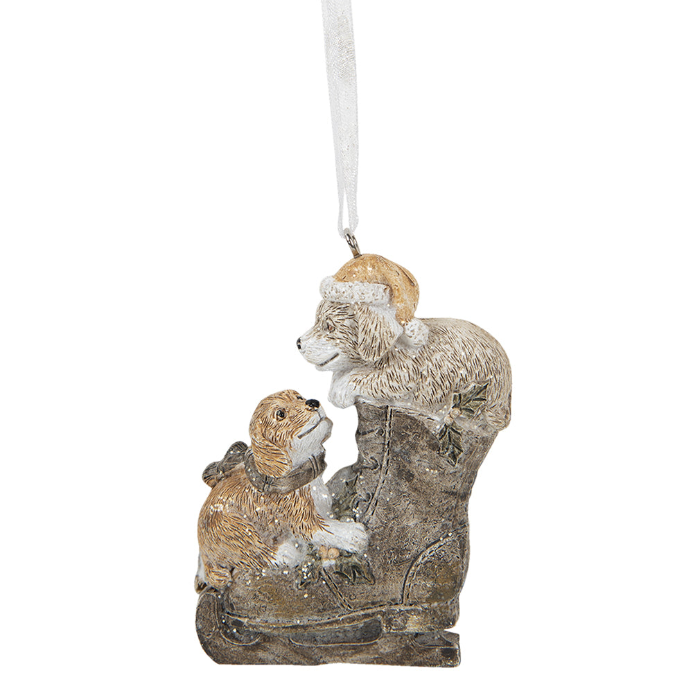 Clayre & Eef Kersthanger Hond 6x2x8 cm Bruin Polyresin Kerstbal