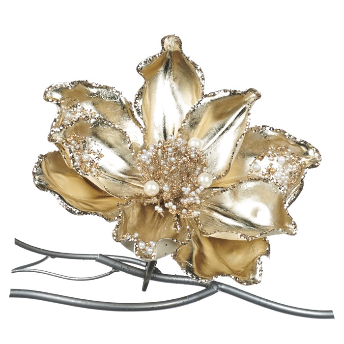 Goodwill Kerstbal-Magnolia op Klip Champagne 18 cm Per 2 Stuks