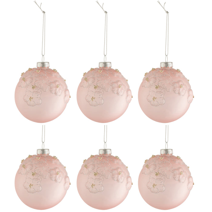J-Line Kerstballen Bloemen Roze Small Set van 6