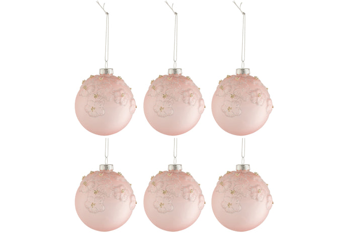 J-Line Kerstballen Bloemen Roze Small Set van 6